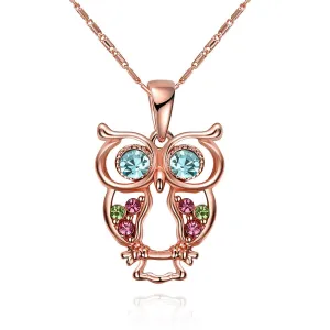 Blue Cubic Zirconia & 18K Rose Gold-Plated Owl Pendant Necklace