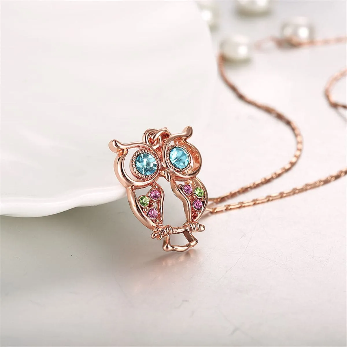 Blue Cubic Zirconia & 18K Rose Gold-Plated Owl Pendant Necklace