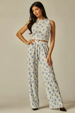 Blue Floral Crinkled Crop Top & Lounge Pants Set 2/24/25 9640