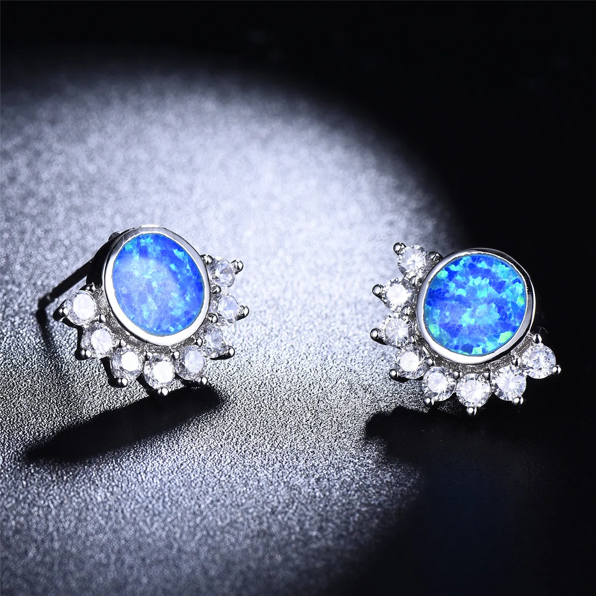 Blue Opal & Cubic Zirconia Round Trim Stud Earrings