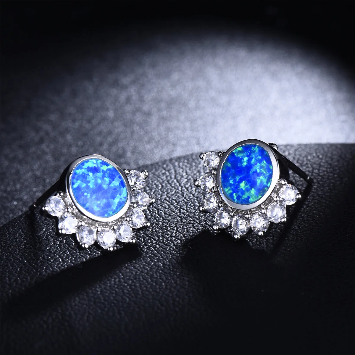 Blue Opal & Cubic Zirconia Round Trim Stud Earrings
