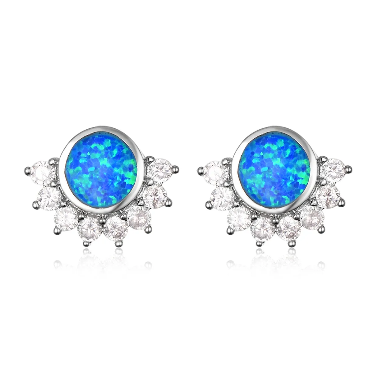 Blue Opal & Cubic Zirconia Round Trim Stud Earrings
