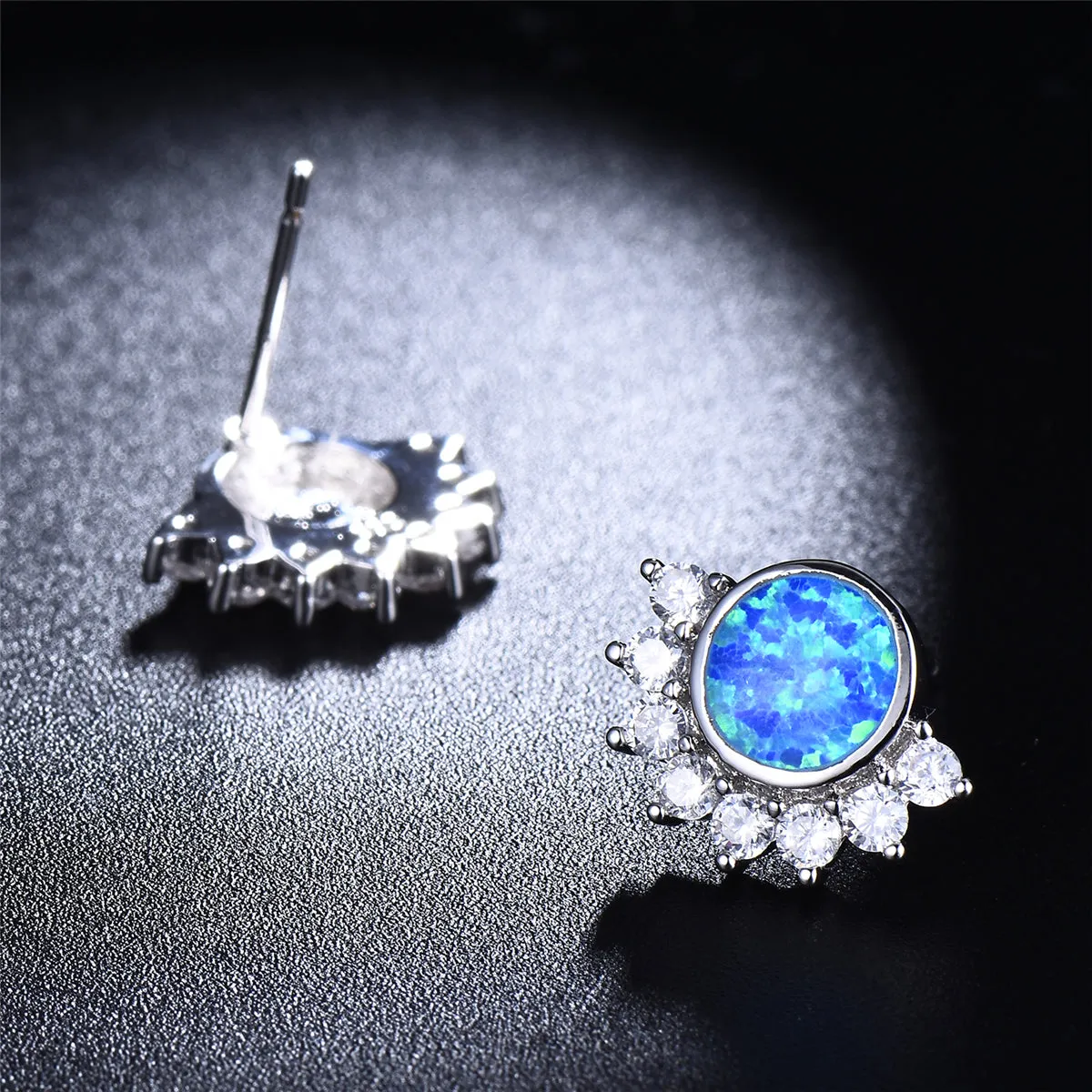 Blue Opal & Cubic Zirconia Round Trim Stud Earrings