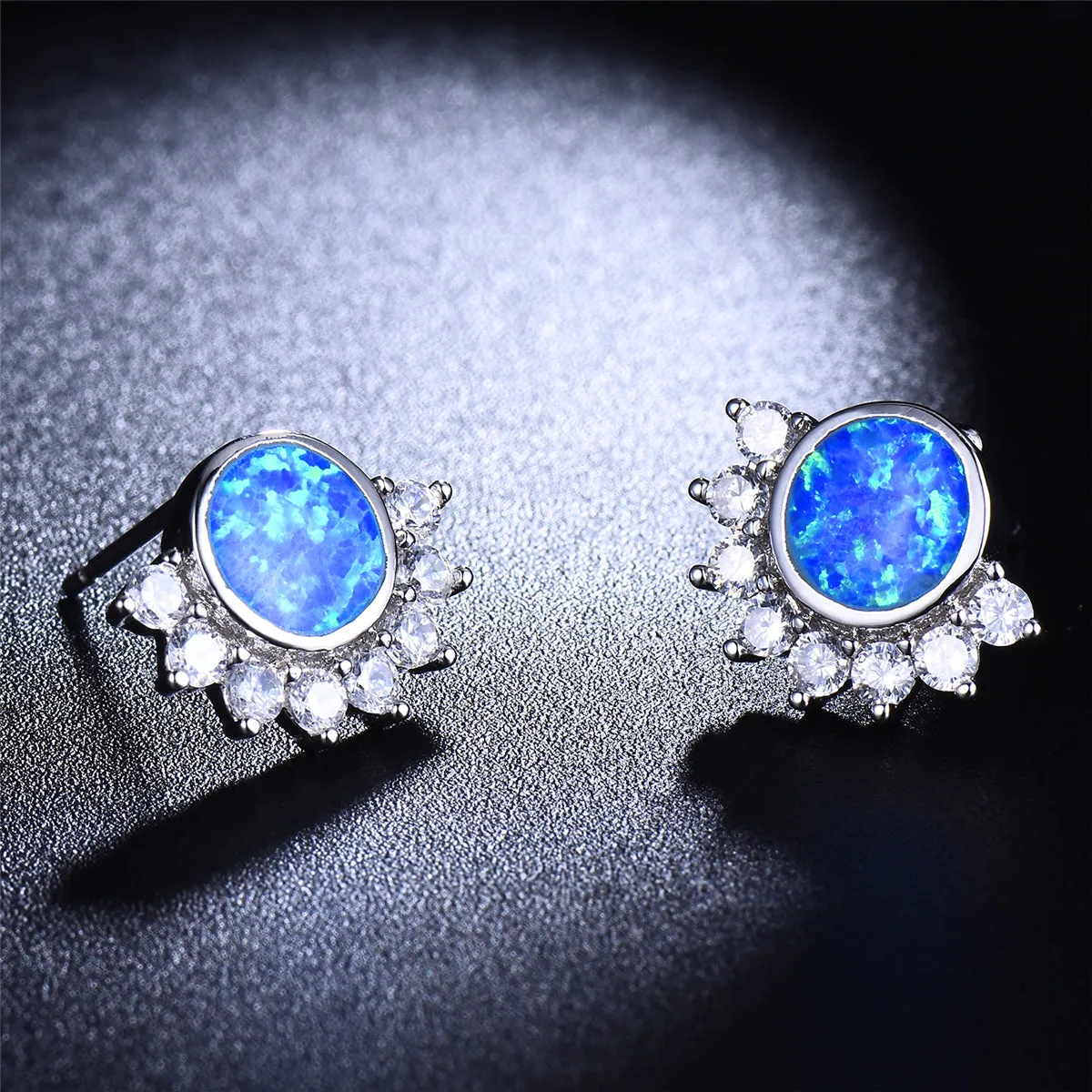 Blue Opal & Cubic Zirconia Round Trim Stud Earrings
