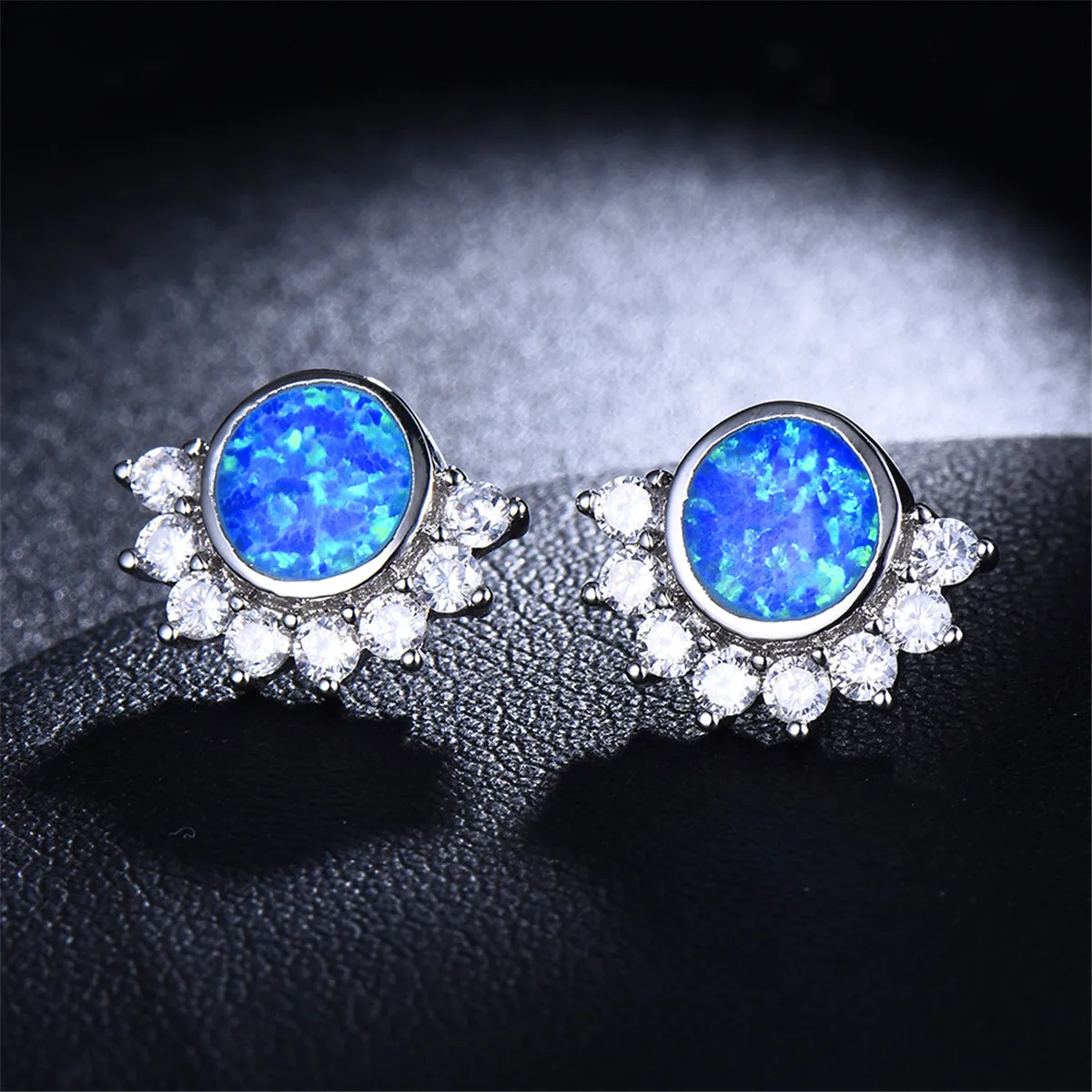 Blue Opal & Cubic Zirconia Round Trim Stud Earrings