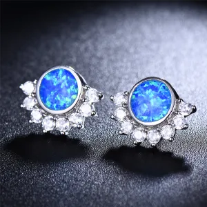 Blue Opal & Cubic Zirconia Round Trim Stud Earrings