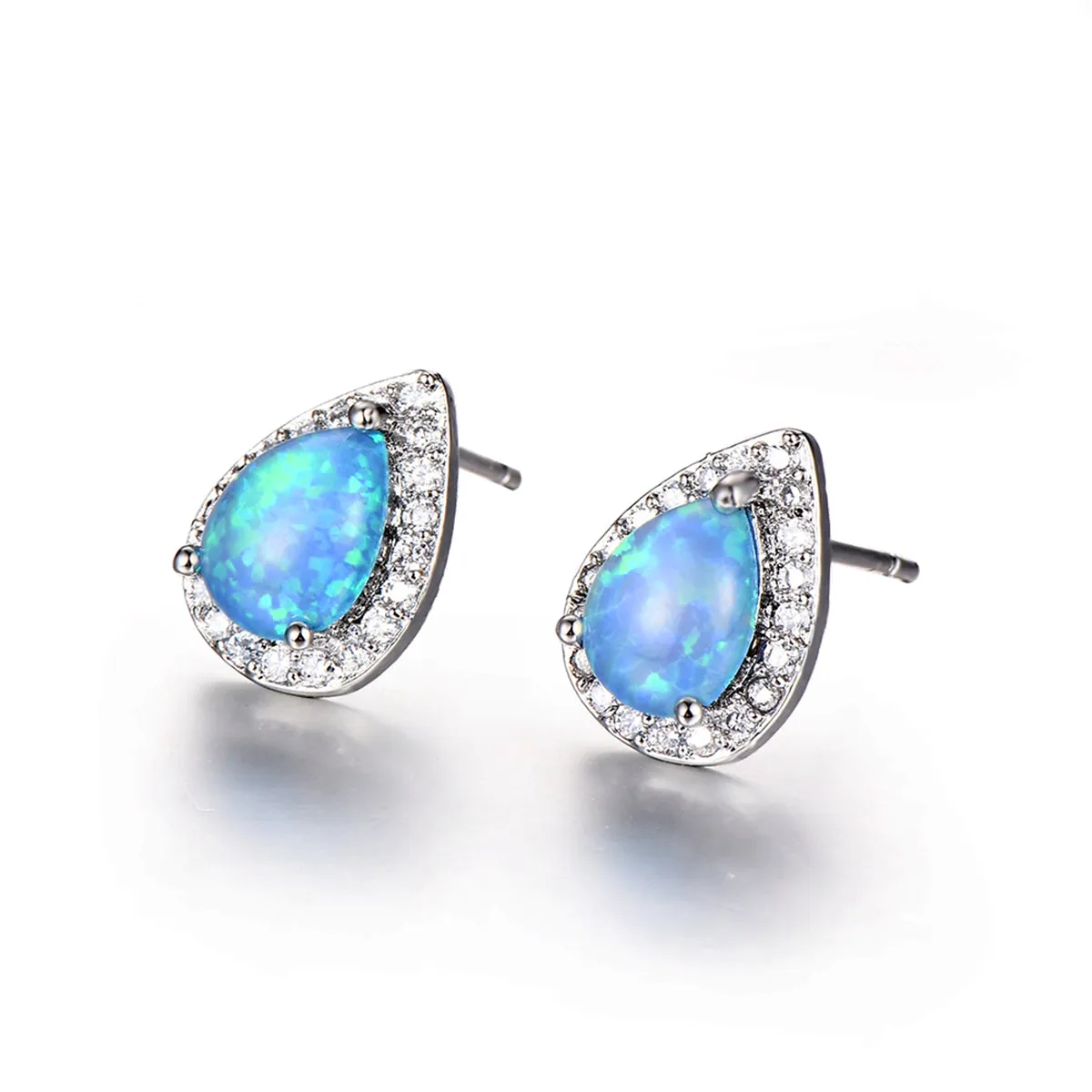 Blue Opal & Cubic Zirconia Teardrop Cushion Stud Earrings