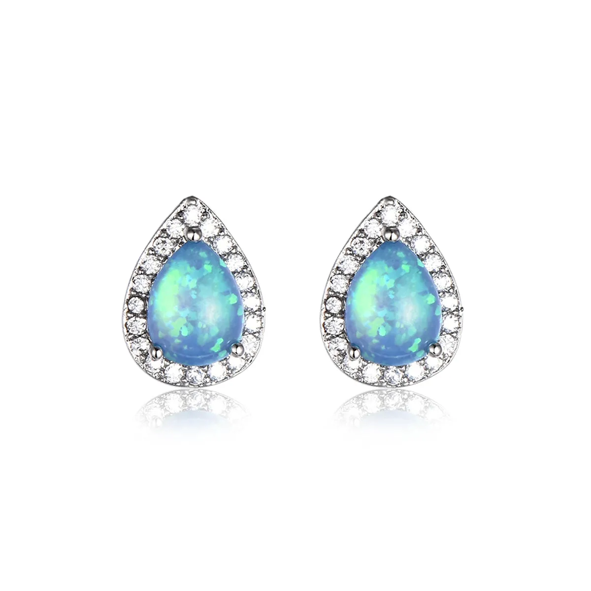 Blue Opal & Cubic Zirconia Teardrop Cushion Stud Earrings
