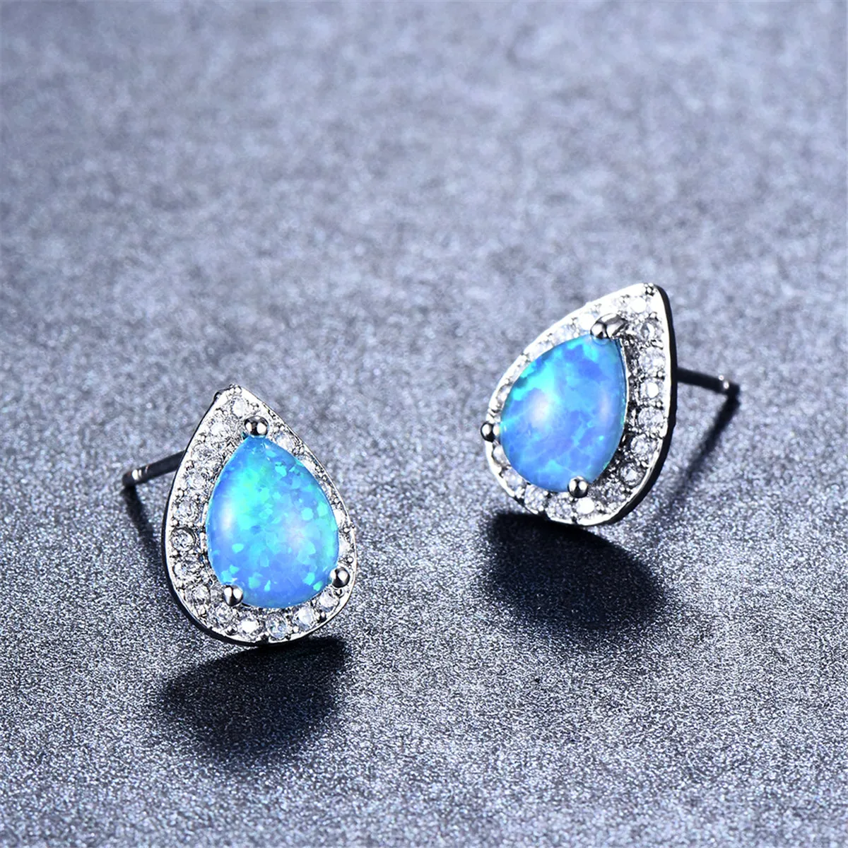 Blue Opal & Cubic Zirconia Teardrop Cushion Stud Earrings