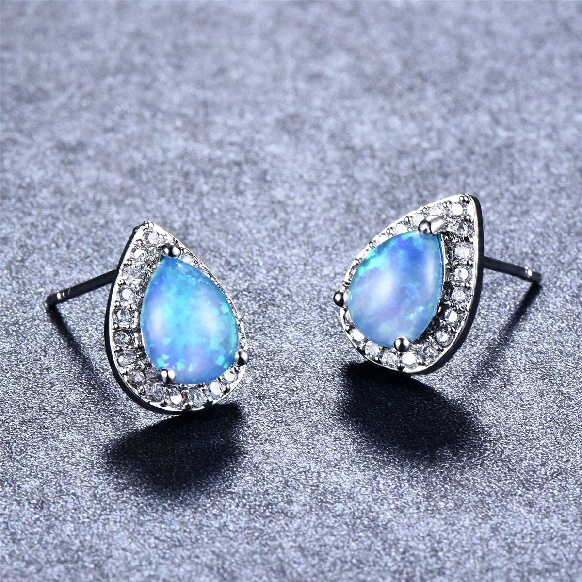 Blue Opal & Cubic Zirconia Teardrop Cushion Stud Earrings
