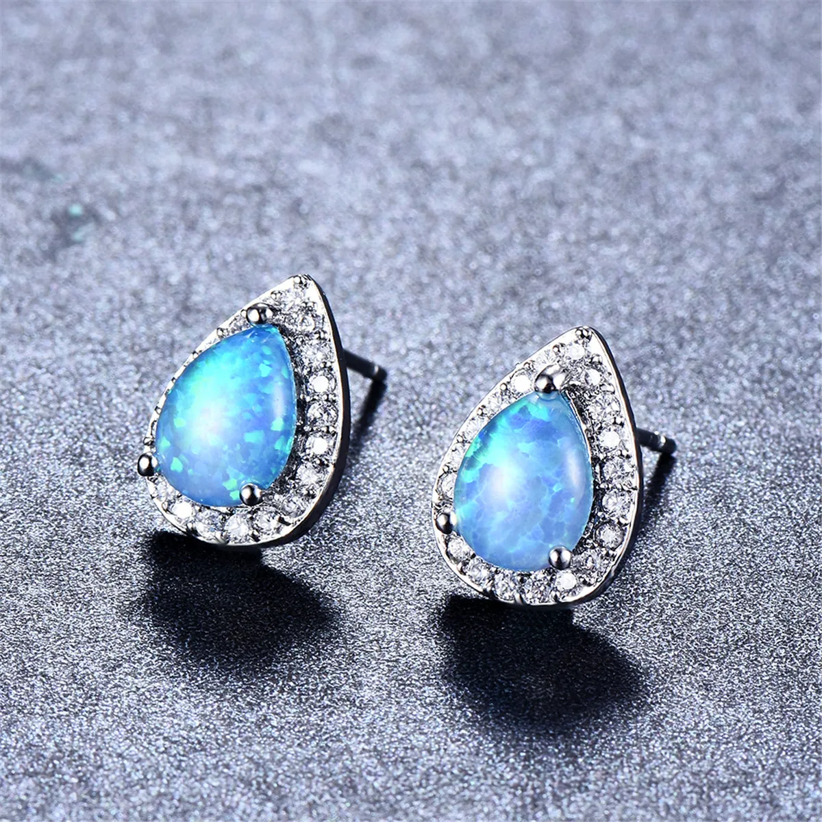 Blue Opal & Cubic Zirconia Teardrop Cushion Stud Earrings