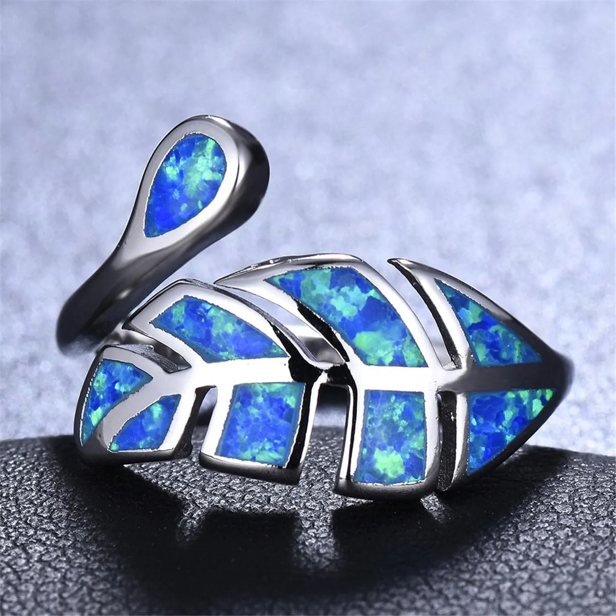 Blue Opal & Silver-Plated Leaf Bypass Ring