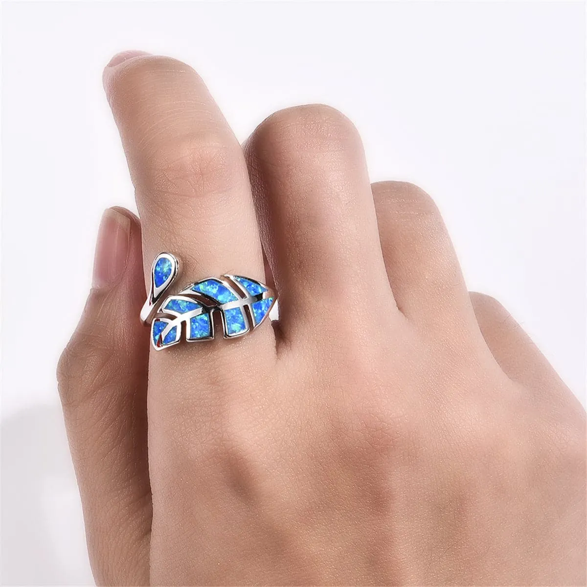 Blue Opal & Silver-Plated Leaf Bypass Ring