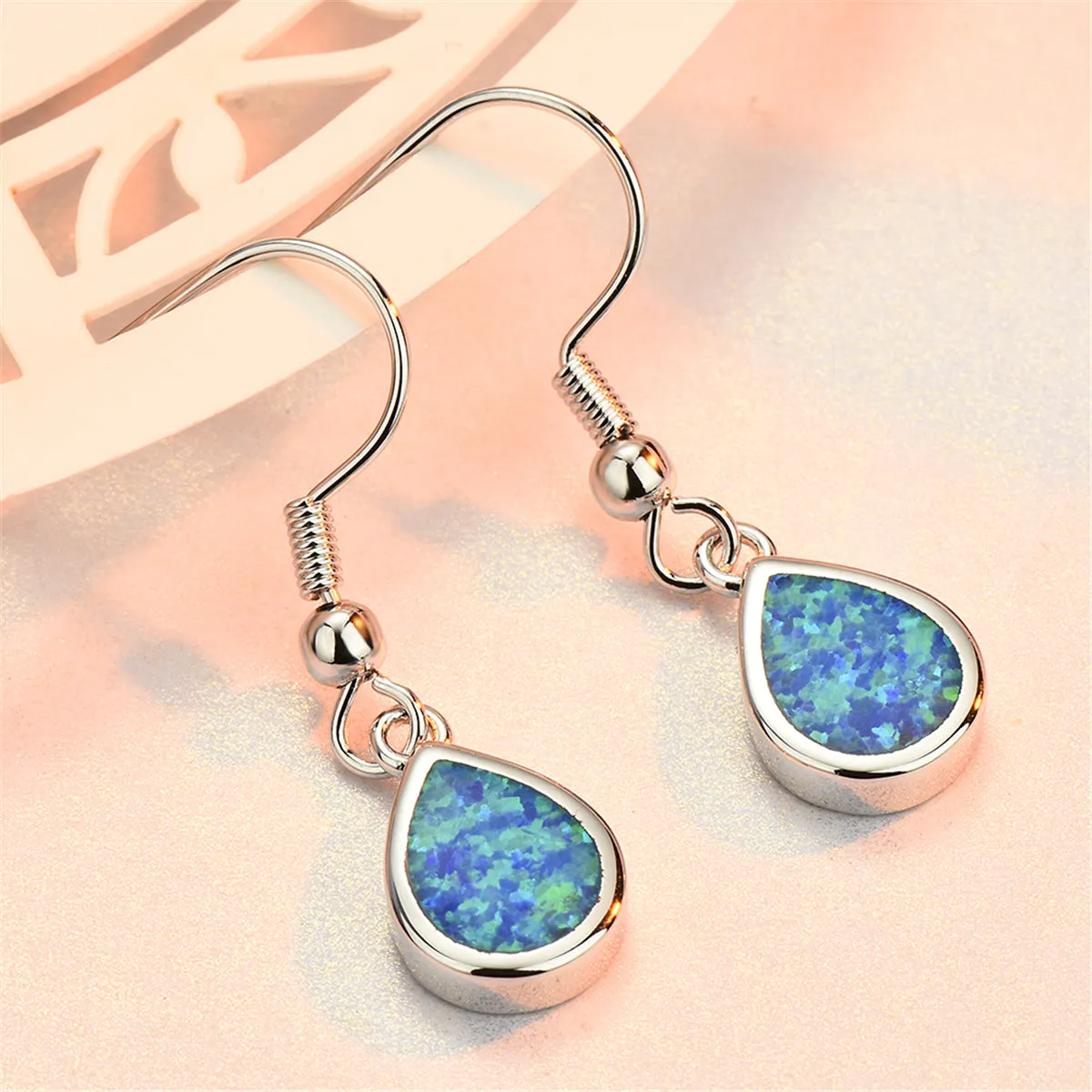 Blue Opal & Silver-Plated Teardrop Earrings