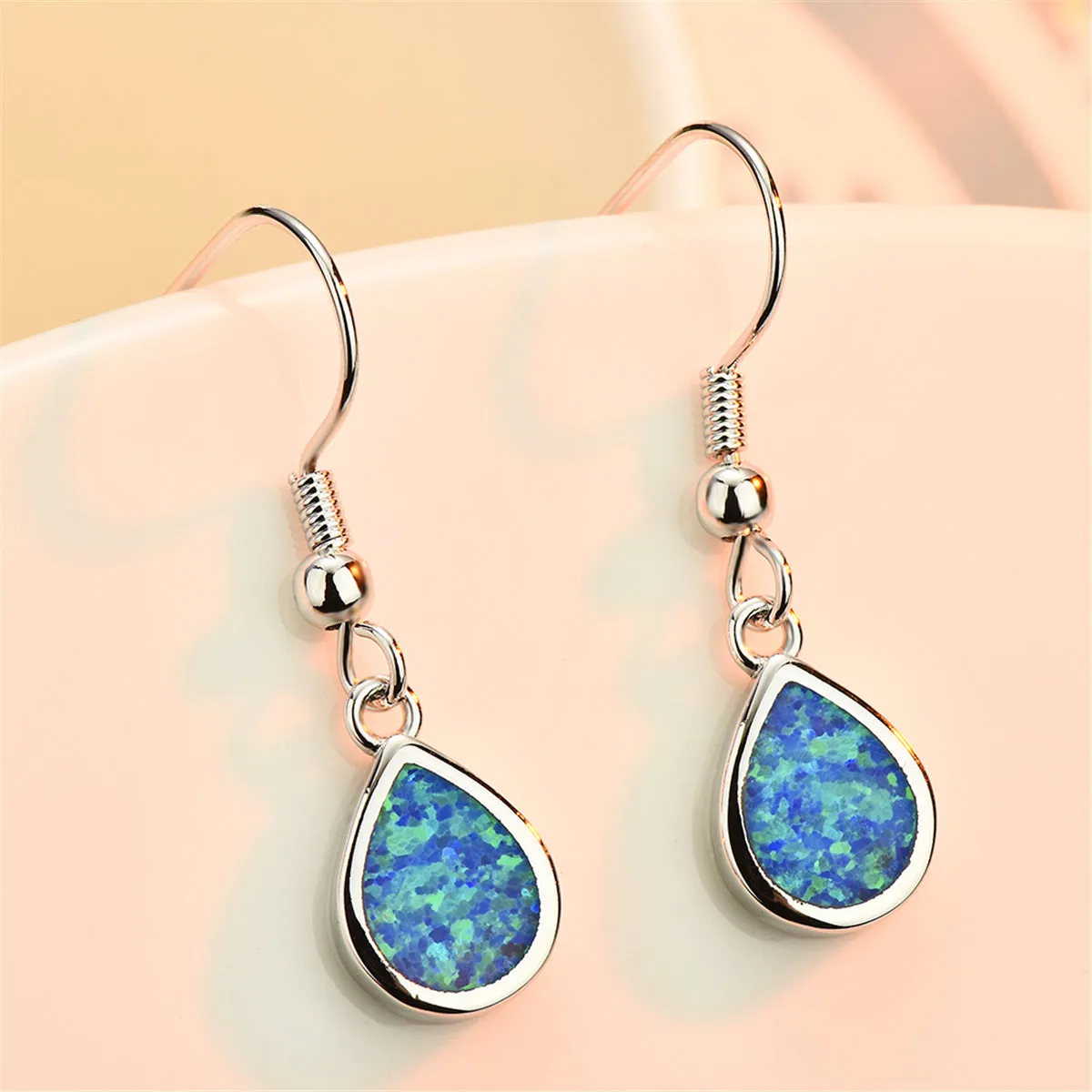 Blue Opal & Silver-Plated Teardrop Earrings