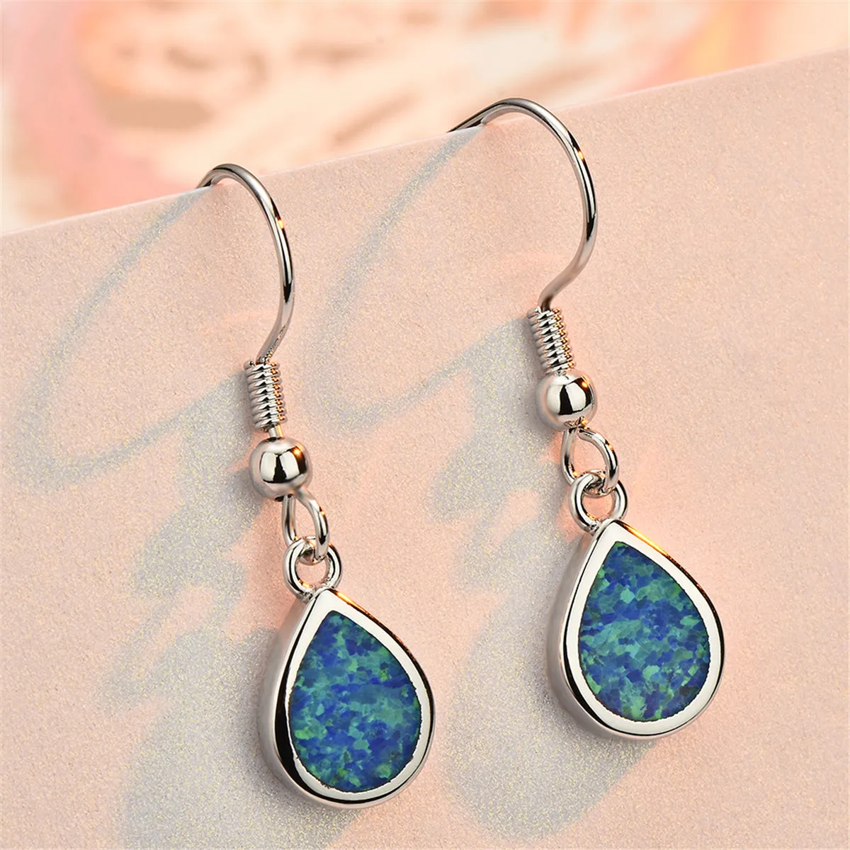 Blue Opal & Silver-Plated Teardrop Earrings