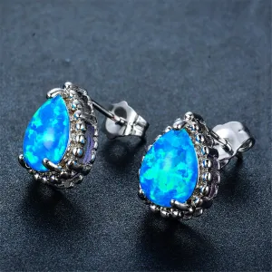 Blue Opal & Silver-Plated Teardrop Stud Earrings