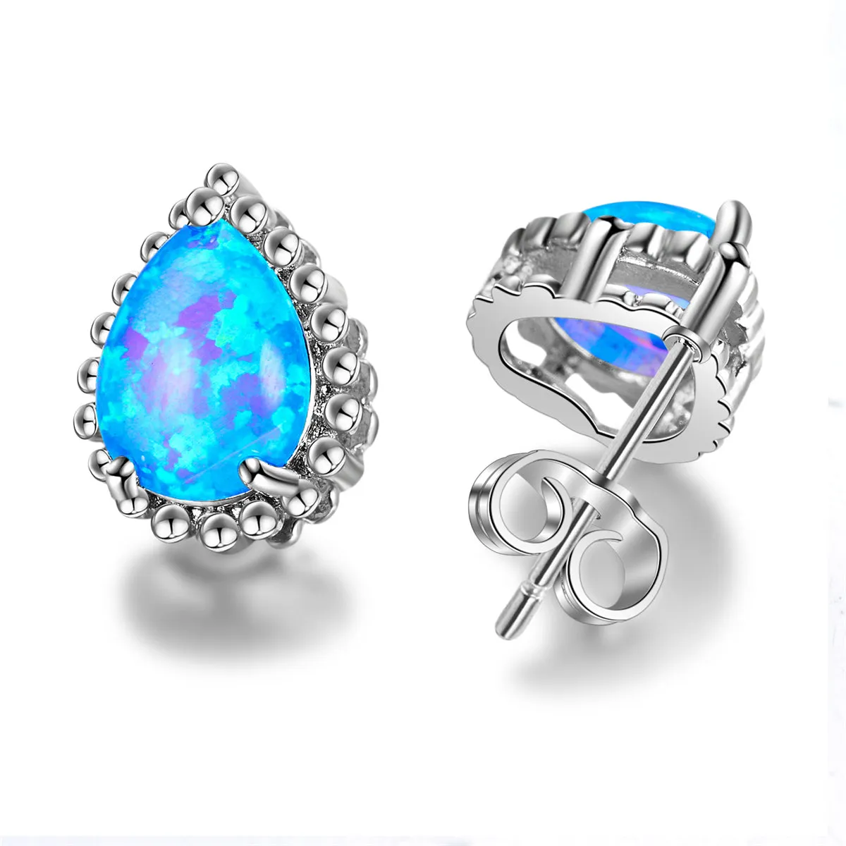 Blue Opal & Silver-Plated Teardrop Stud Earrings