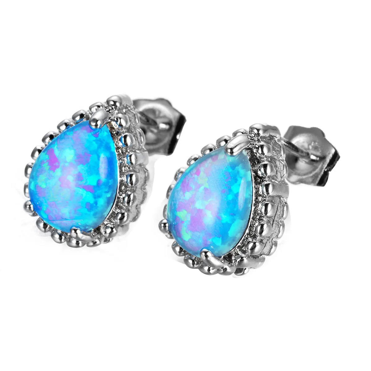 Blue Opal & Silver-Plated Teardrop Stud Earrings