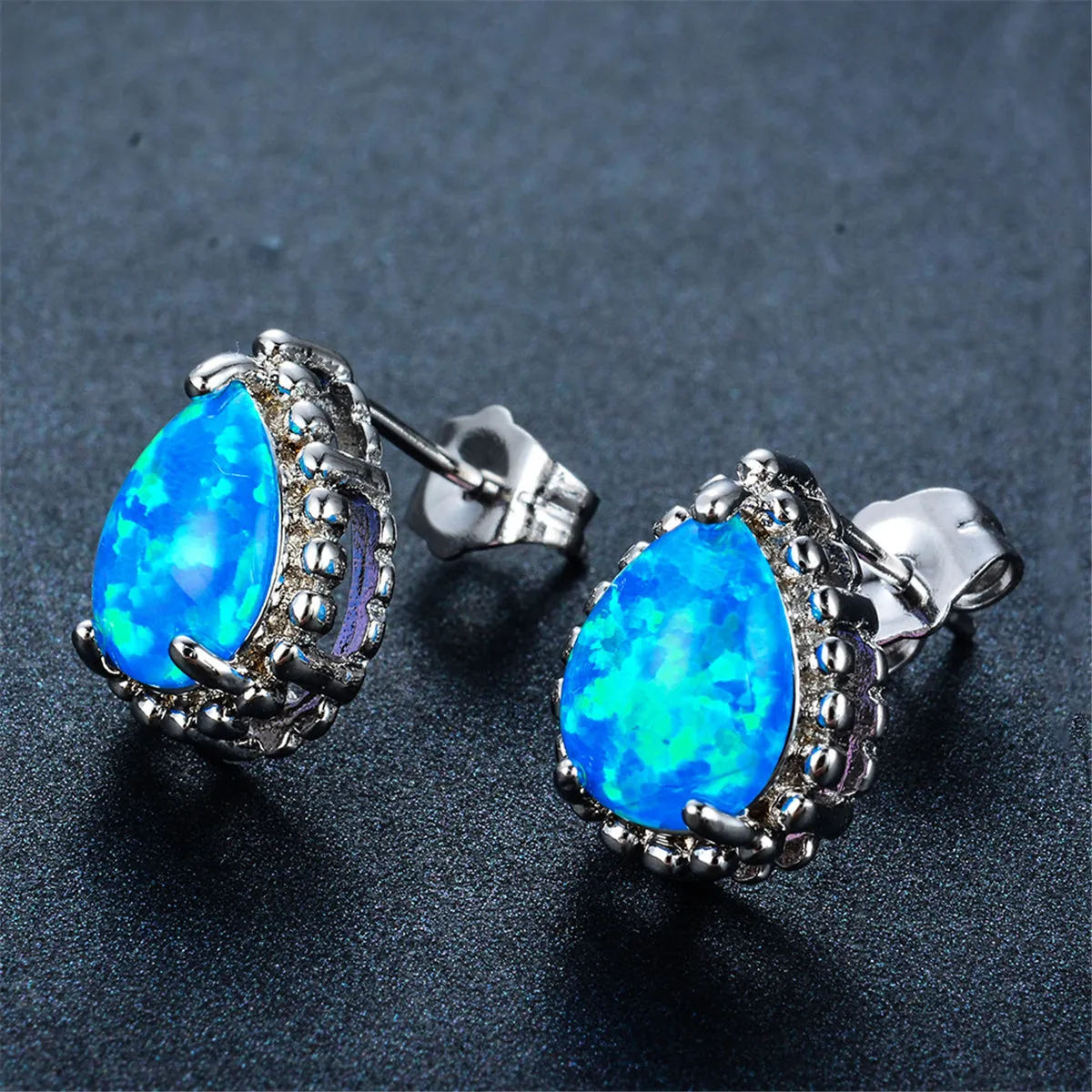 Blue Opal & Silver-Plated Teardrop Stud Earrings