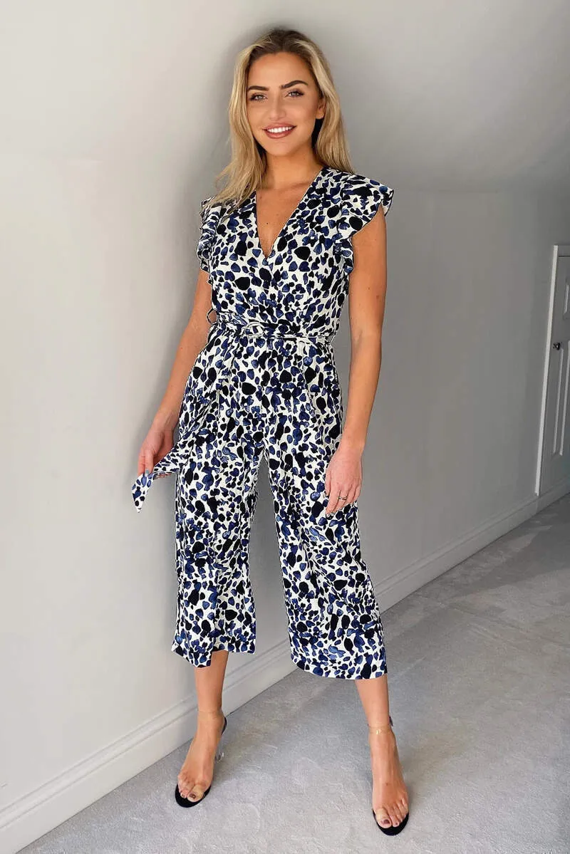 Blue Printed Belted Wrap Jumpsuit