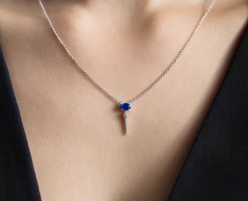 Blue Sapphire & Diamond Drop Necklace-White Gold