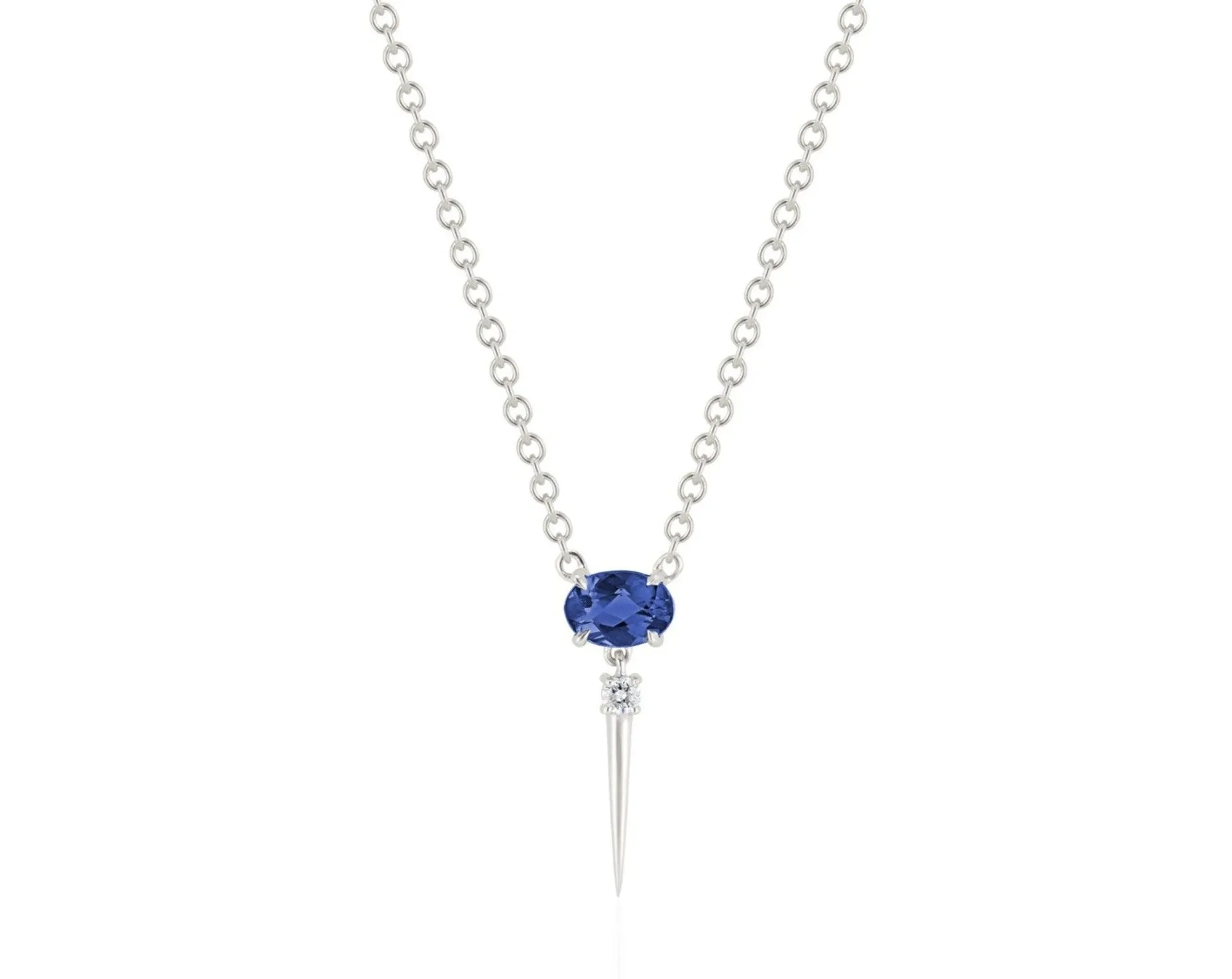 Blue Sapphire & Diamond Drop Necklace-White Gold