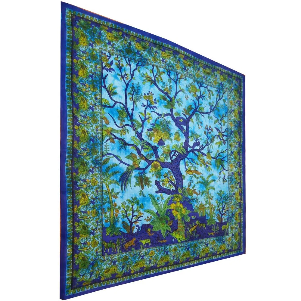 Blue Tree of Life Birds Tapestry Colorful Indian Wall Decor