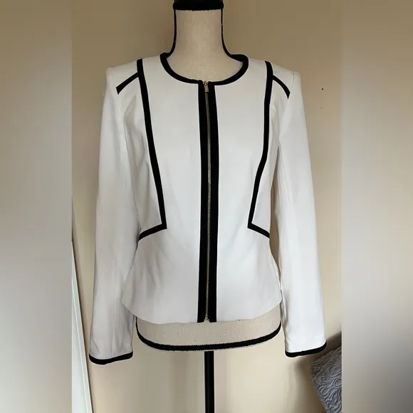Calvin Klein Women's Piped Zip Front Jacket White Size 6 Black Trim