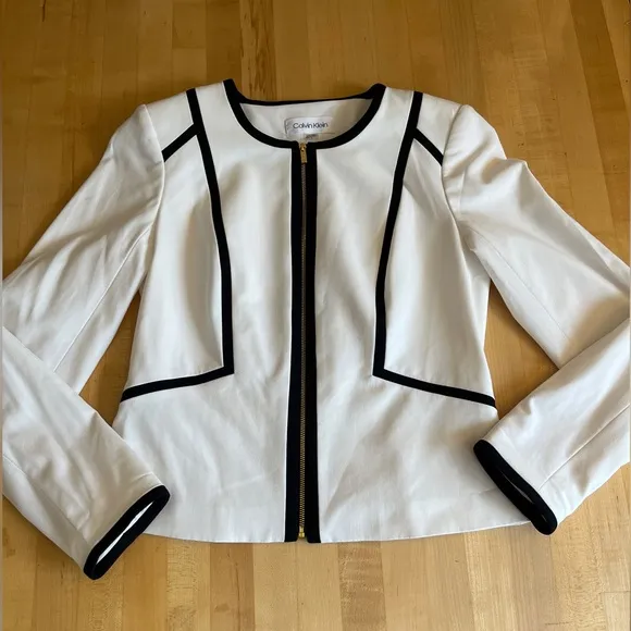 Calvin Klein Women's Piped Zip Front Jacket White Size 6 Black Trim