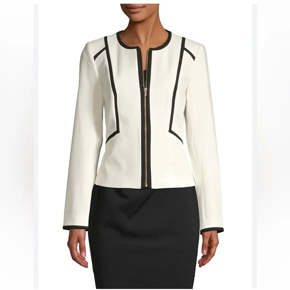 Calvin Klein Women's Piped Zip Front Jacket White Size 6 Black Trim