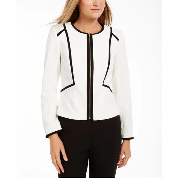 Calvin Klein Women's Piped Zip Front Jacket White Size 6 Black Trim