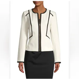 Calvin Klein Women's Piped Zip Front Jacket White Size 6 Black Trim