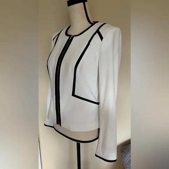 Calvin Klein Women's Piped Zip Front Jacket White Size 6 Black Trim
