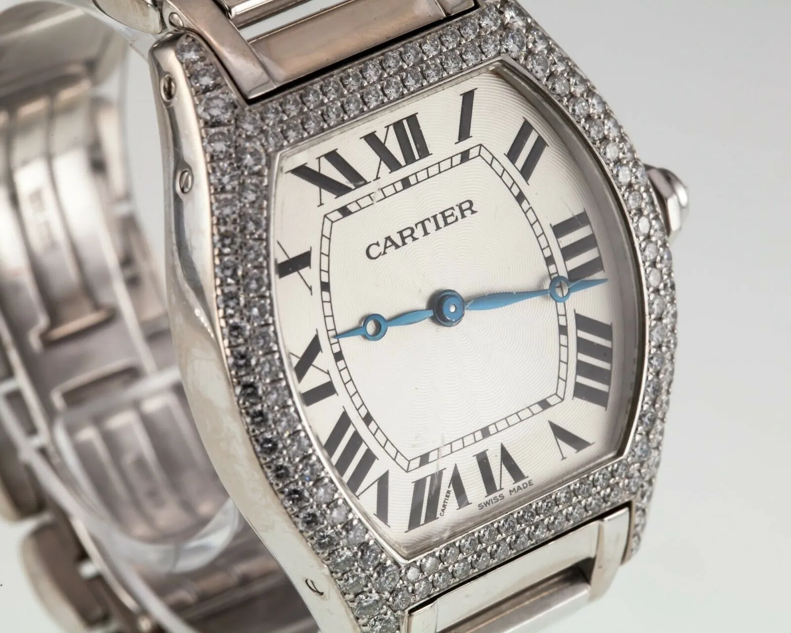 Cartier 18k White Gold Tortue Mechanical Watch w/ Factory Diamonds 2497 Gorgeous