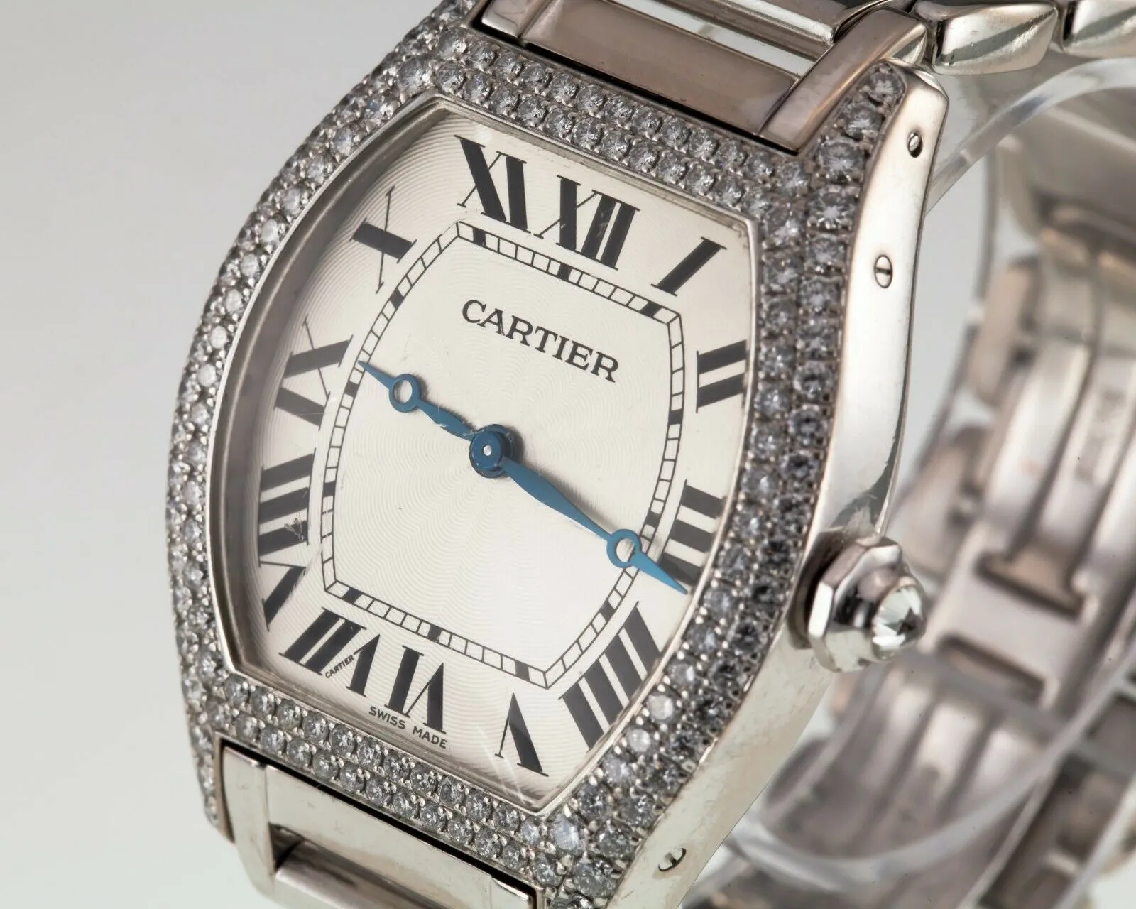 Cartier 18k White Gold Tortue Mechanical Watch w/ Factory Diamonds 2497 Gorgeous