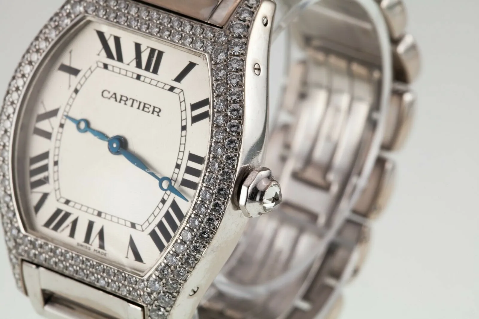 Cartier 18k White Gold Tortue Mechanical Watch w/ Factory Diamonds 2497 Gorgeous