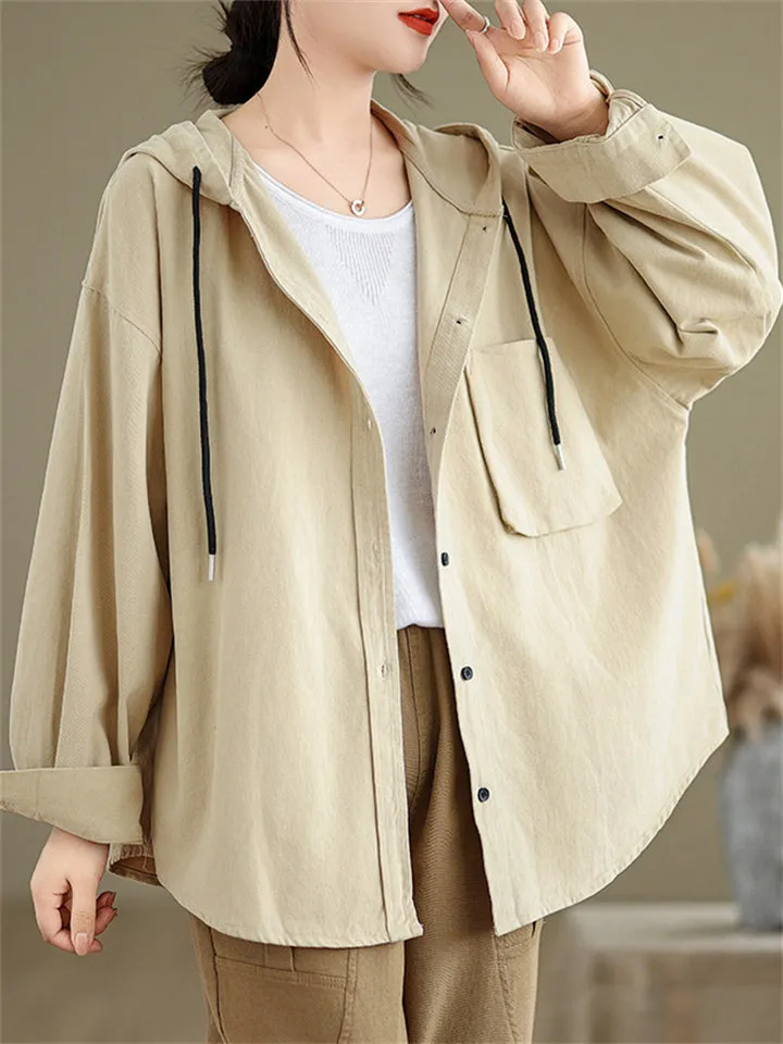 Casual Plain Drawstring Hooded Shirts for Women