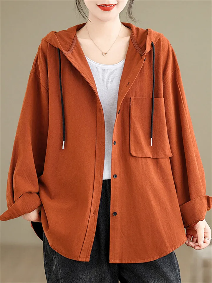 Casual Plain Drawstring Hooded Shirts for Women