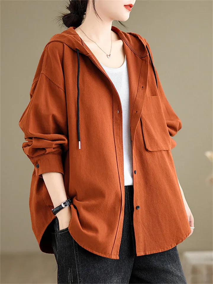 Casual Plain Drawstring Hooded Shirts for Women