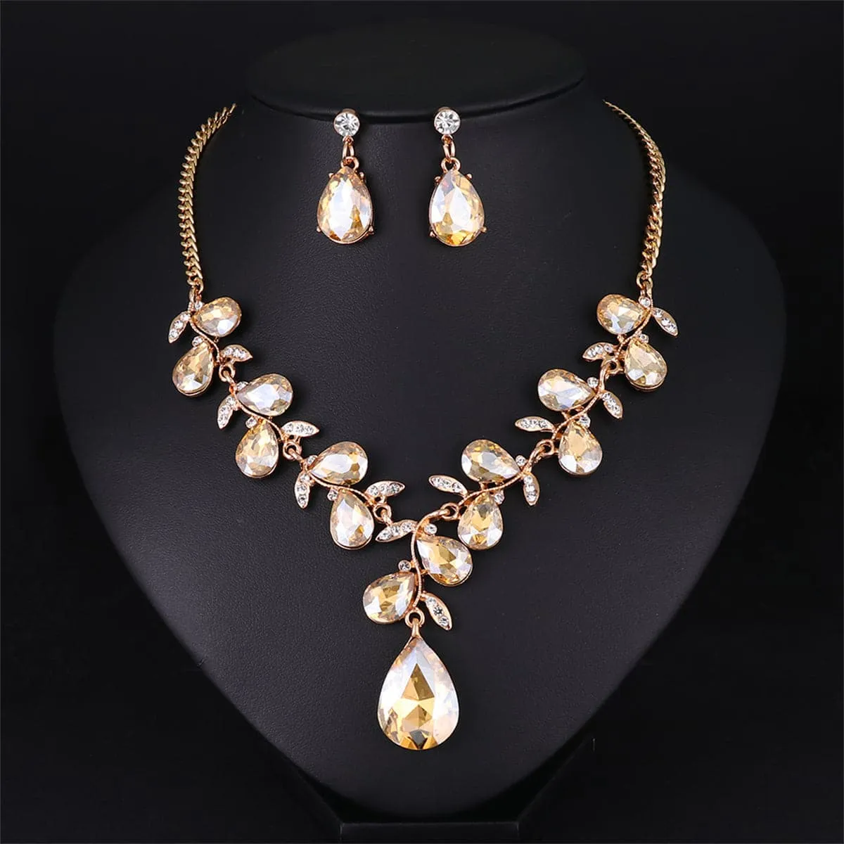 Champagne Crystal & Cubic Zirconia 18K Gold-Plated Pear-Cut Drop Earrings & Necklace
