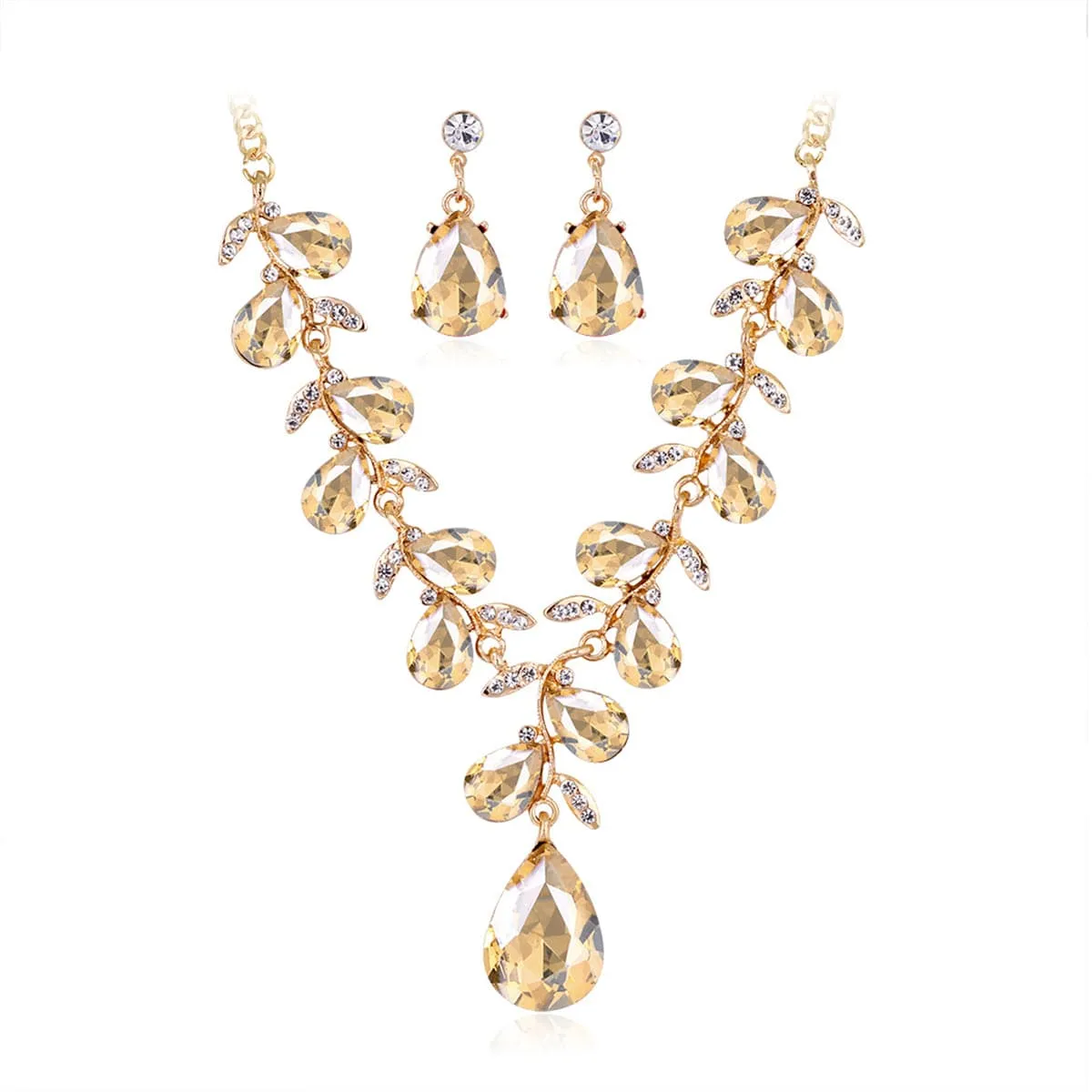 Champagne Crystal & Cubic Zirconia 18K Gold-Plated Pear-Cut Drop Earrings & Necklace