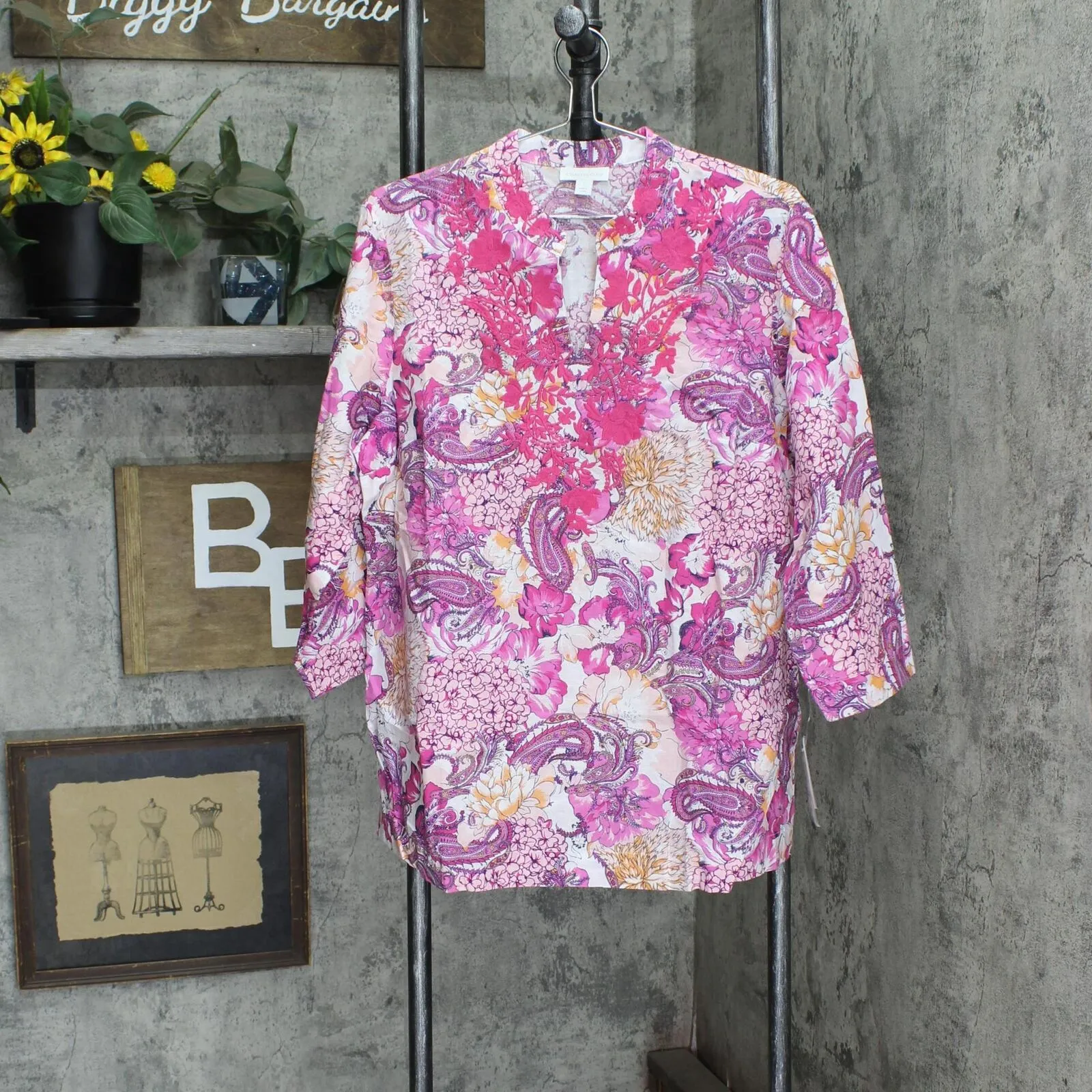 Charter Club Women's Linen Blend Embroidered Neck Tunic Top Dark Pink L
