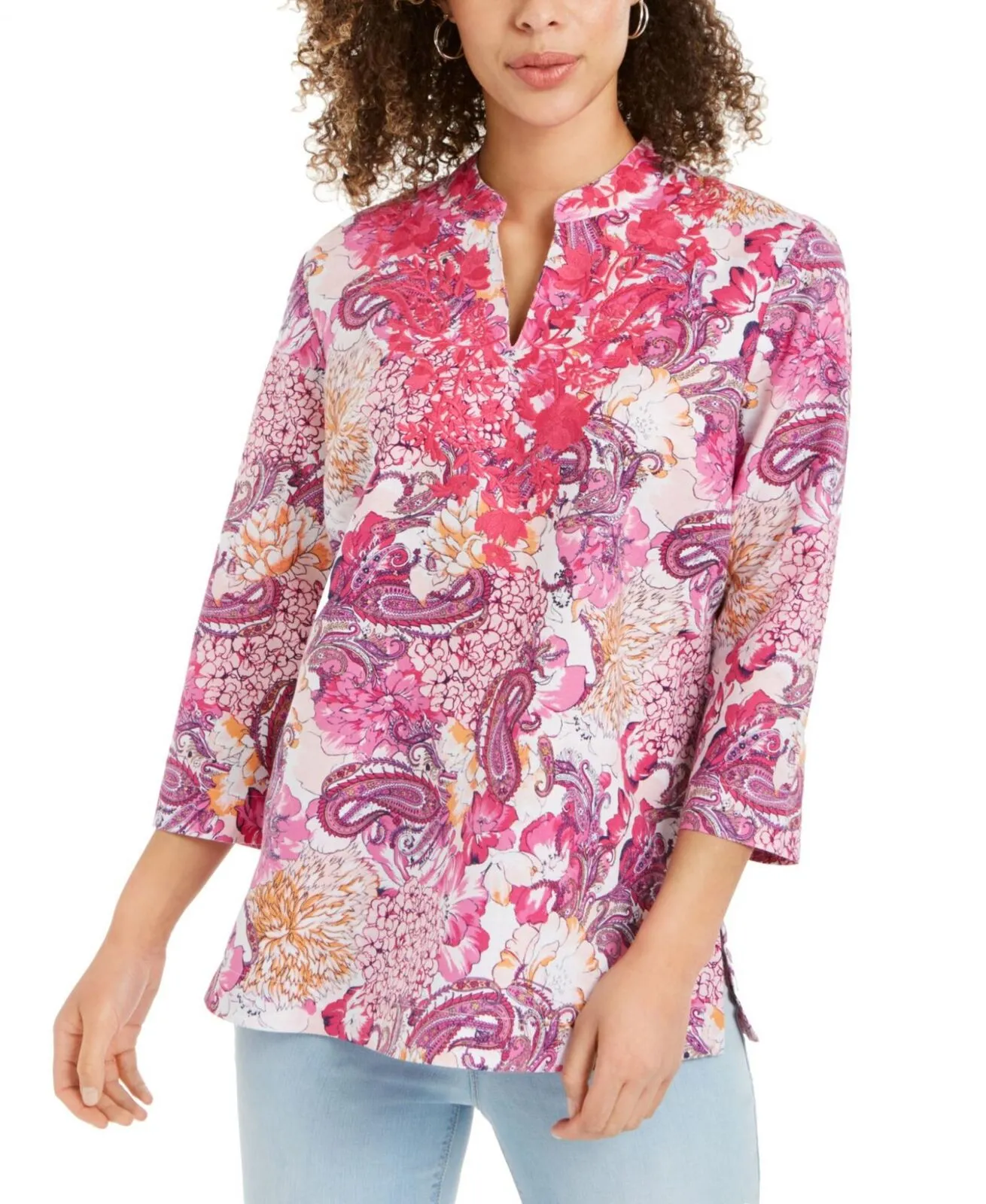 Charter Club Women's Linen Blend Embroidered Neck Tunic Top Dark Pink L