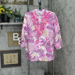 Charter Club Women's Linen Blend Embroidered Neck Tunic Top Dark Pink L