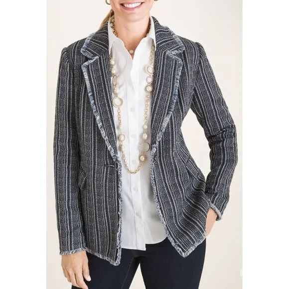 Chicos Striped Navy Tweed Blazer Size S