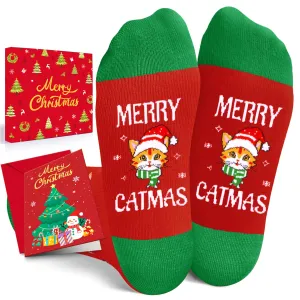 Christmas Gifts Stocking Socks for Boys Girls - Cat Themed Red Santa Gifts Xmas Stocking for Kids 2-3 Years Old
