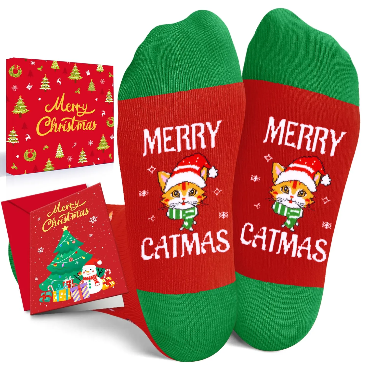 Christmas Gifts Stocking Socks for Boys Girls - Cat Themed Red Santa Gifts Xmas Stocking for Kids 2-3 Years Old