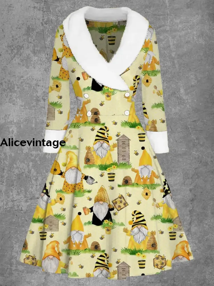 Christmas Gnomes Art Print Vintage Elegant Fur Collar Button Long Sleeve Coat Dress
