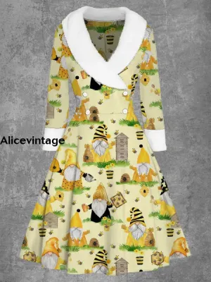 Christmas Gnomes Art Print Vintage Elegant Fur Collar Button Long Sleeve Coat Dress